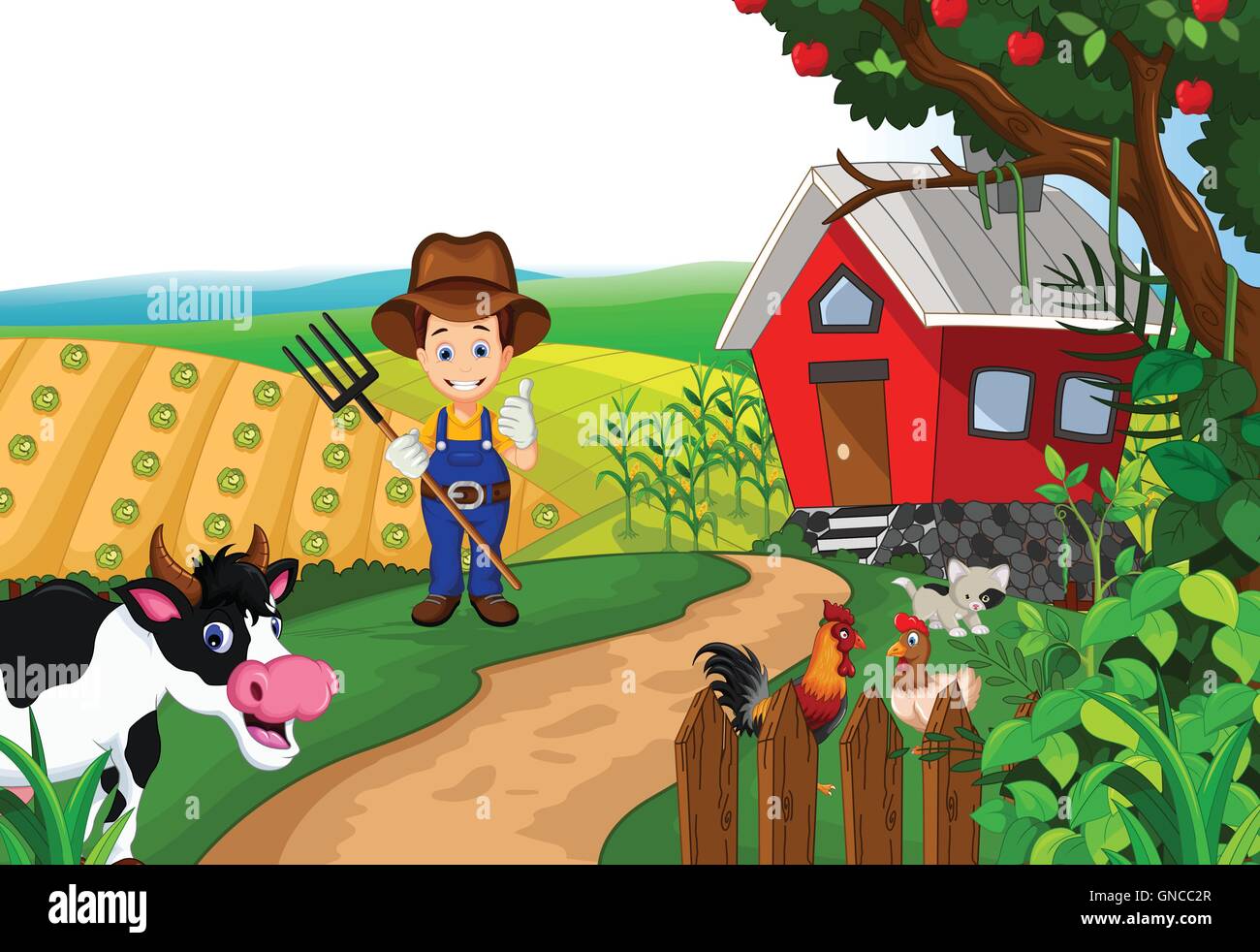 Funny Farm mit Kuh-Cartoon und Farmer-Leben-Hintergrund Stock Vektor