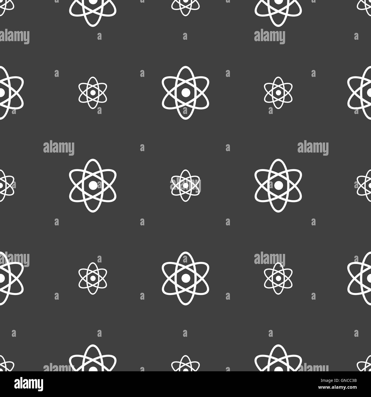 Atom, Physik Symbol Zeichen. Nahtlose Muster auf einem grauen Hintergrund. Vektor Stock Vektor