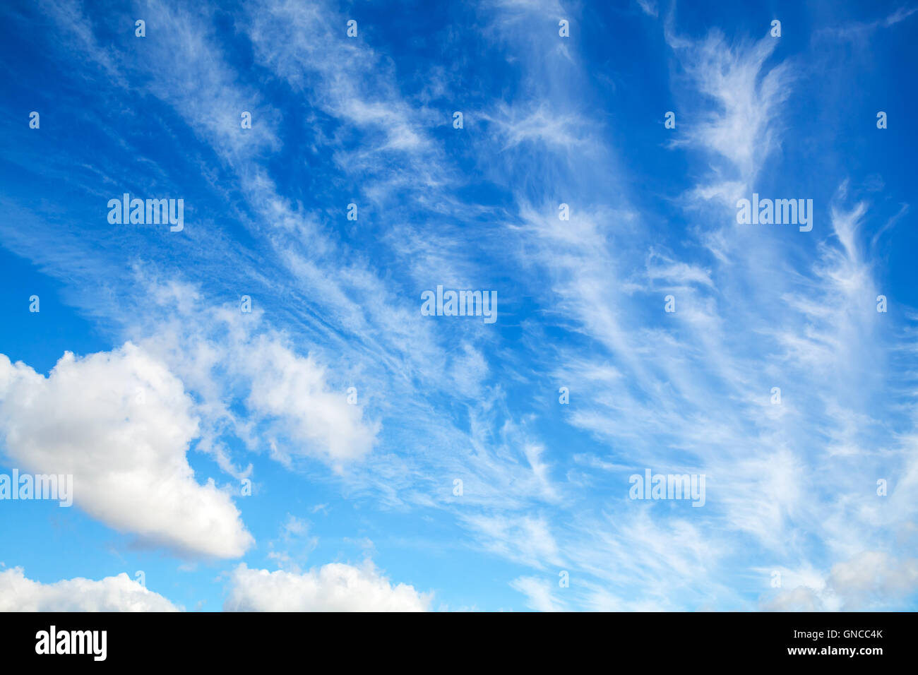 Blauer Himmel mit weißen Altocumulus Wolken Schicht, natürliche Hintergrundtextur Foto Stockfoto
