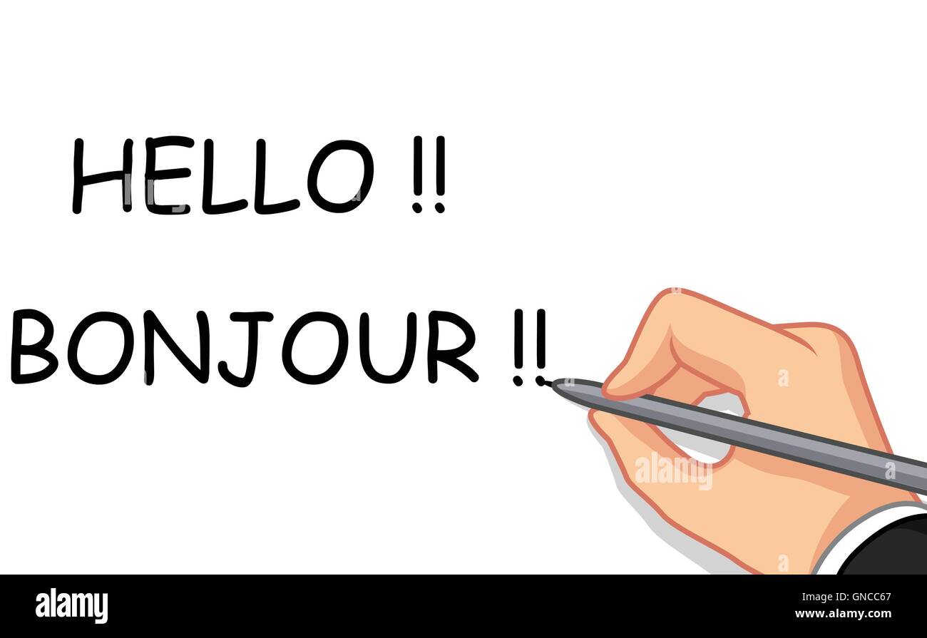 Hand schreiben Hallo und bonjour Stock Vektor