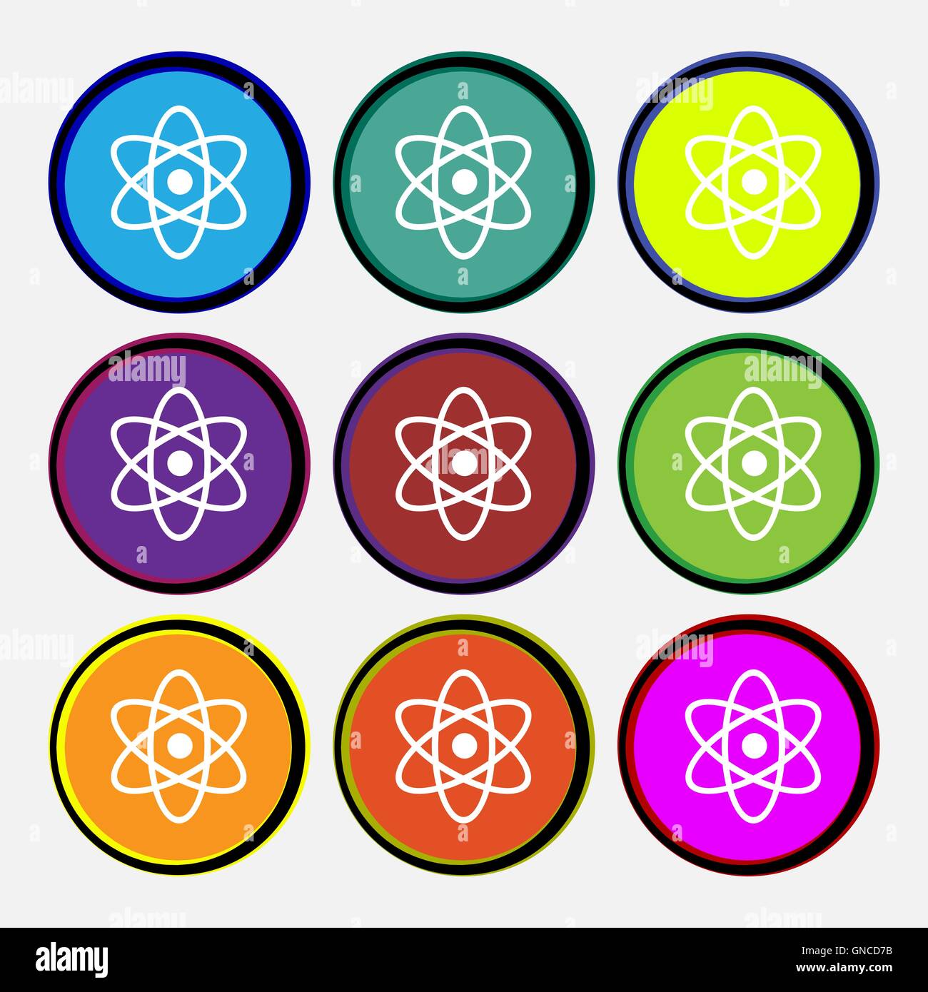 Atom, Physik Symbol Zeichen. Neun Multi farbige Runde Tasten. Vektor Stock Vektor