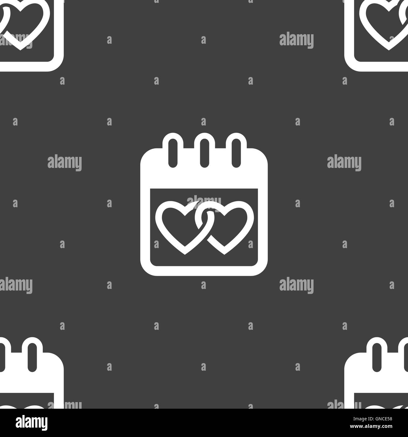 Kalender, Herz, Valentinstag, 14. Februar, Liebe Symbol Zeichen. Nahtlose Muster auf einem grauen Hintergrund. Vektor Stock Vektor