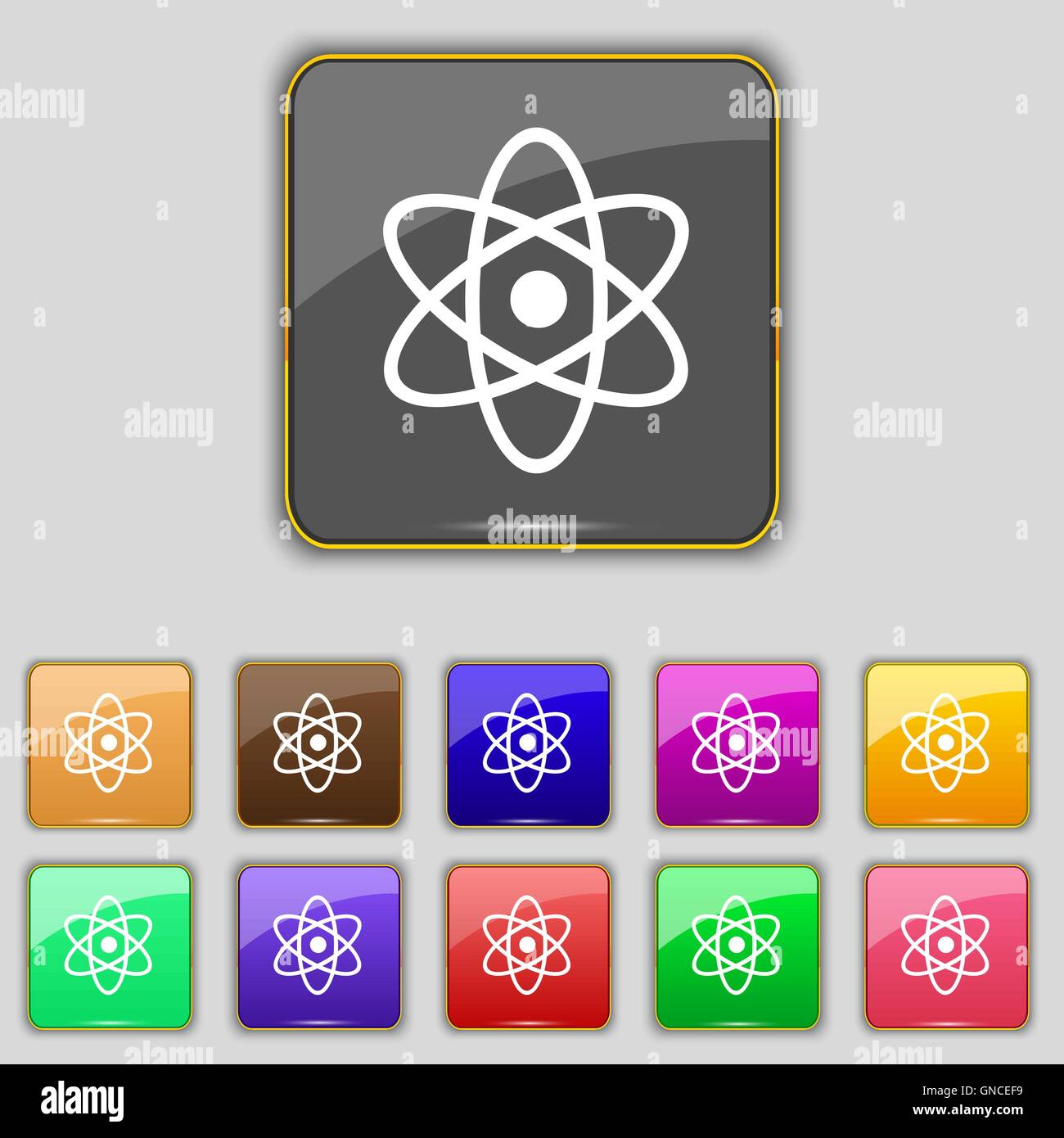 Atom, Physik Symbol Zeichen. Set mit elf farbigen Buttons für Ihre Website. Vektor Stock Vektor