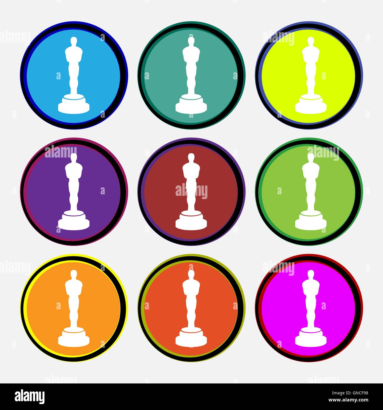 Oscar-Statuette Symbol Zeichen. Neun Multi farbige Runde Tasten. Vektor Stock Vektor