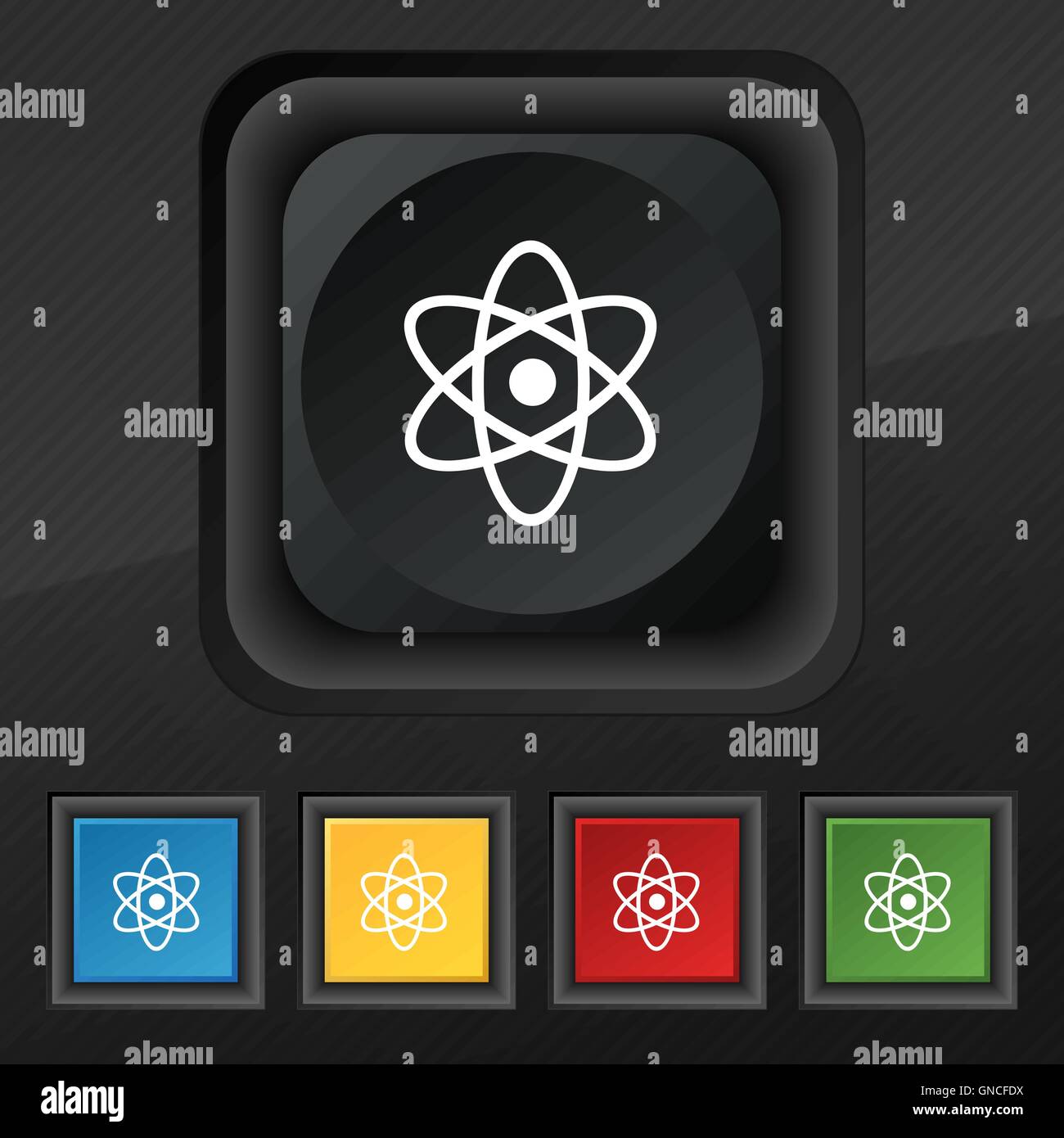 Atom, Physik Symbol Symbol. Satz von fünf bunten, stilvolle Knöpfe am schwarzen Textur für Ihr Design. Vektor Stock Vektor