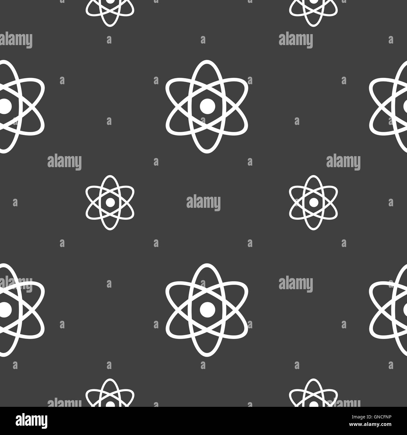 Atom, Physik Symbol Zeichen. Nahtlose Muster auf einem grauen Hintergrund. Vektor Stock Vektor