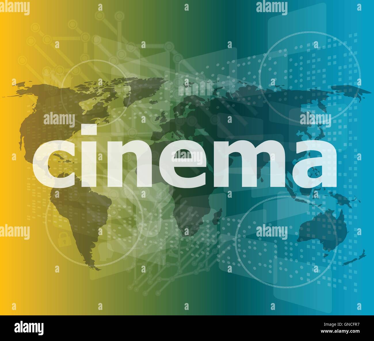 Kino-Wort auf dem digitalen Bildschirm mit Welt-Karte-Vektor-illustration Stock Vektor