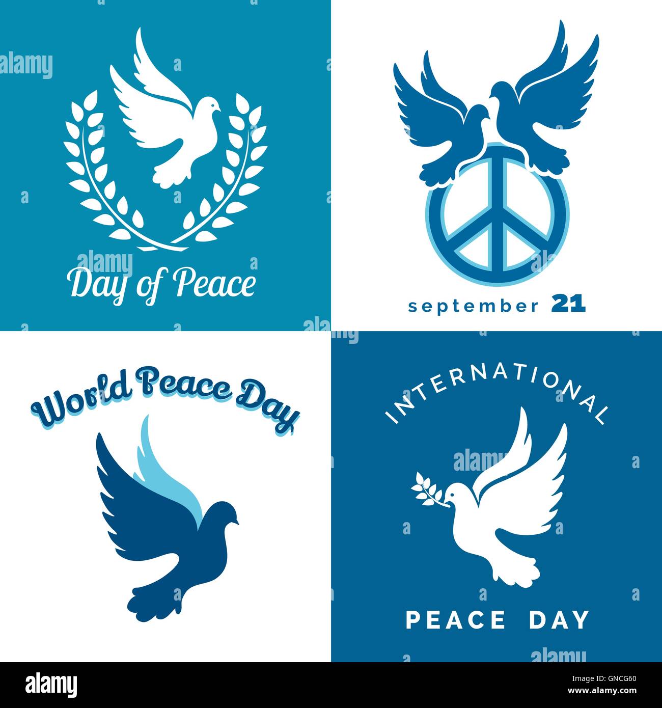 Designset des internationalen Tag des Friedens. Taube des Friedens, pacific Zeichen, Lorbeerkranz und Zweig. Stock Vektor