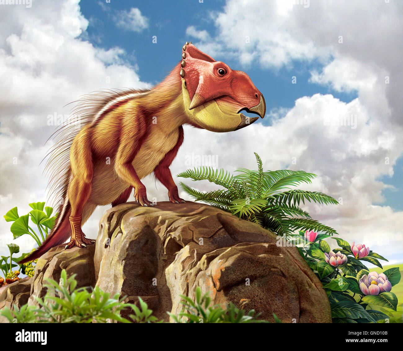 Leptoceratops und seine Lieblingspflanzen Stockfoto