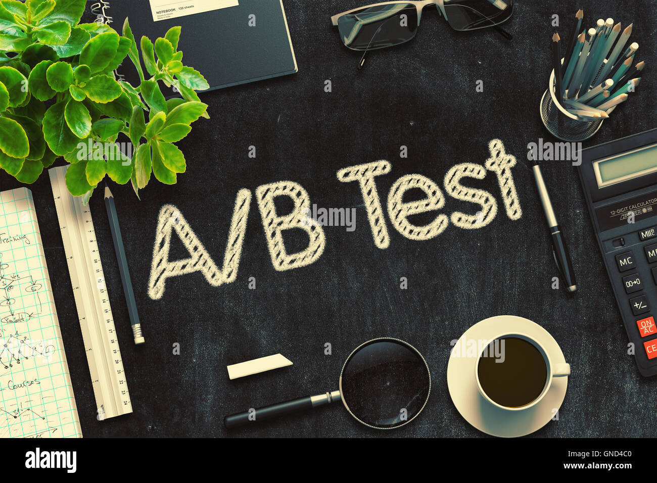 Schwarze Tafel mit AB Test 3D-Rendering. Stockfoto