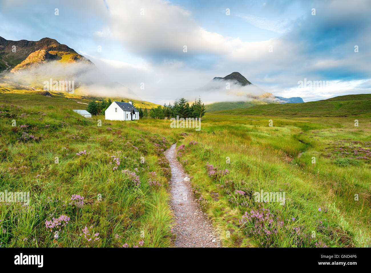Eine Hütte in den Bergen bei Glencoe in Schottland Stockfoto