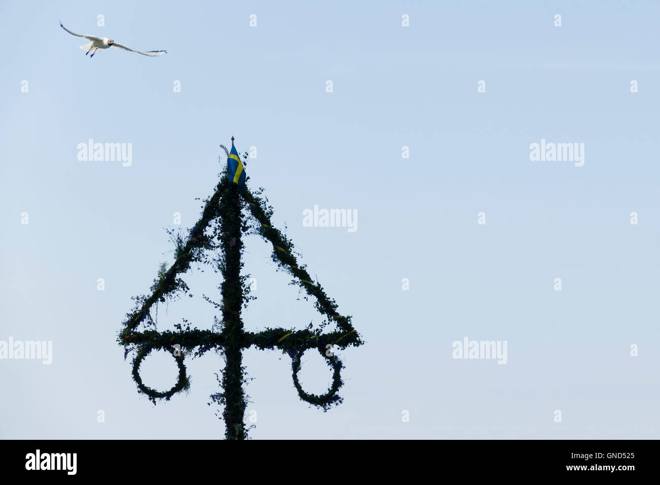 Traditionelle schwedische Mittsommer Pol und blauer Himmel. Maibaum in Silhouette mit Möwe fliegen oben. Stockfoto