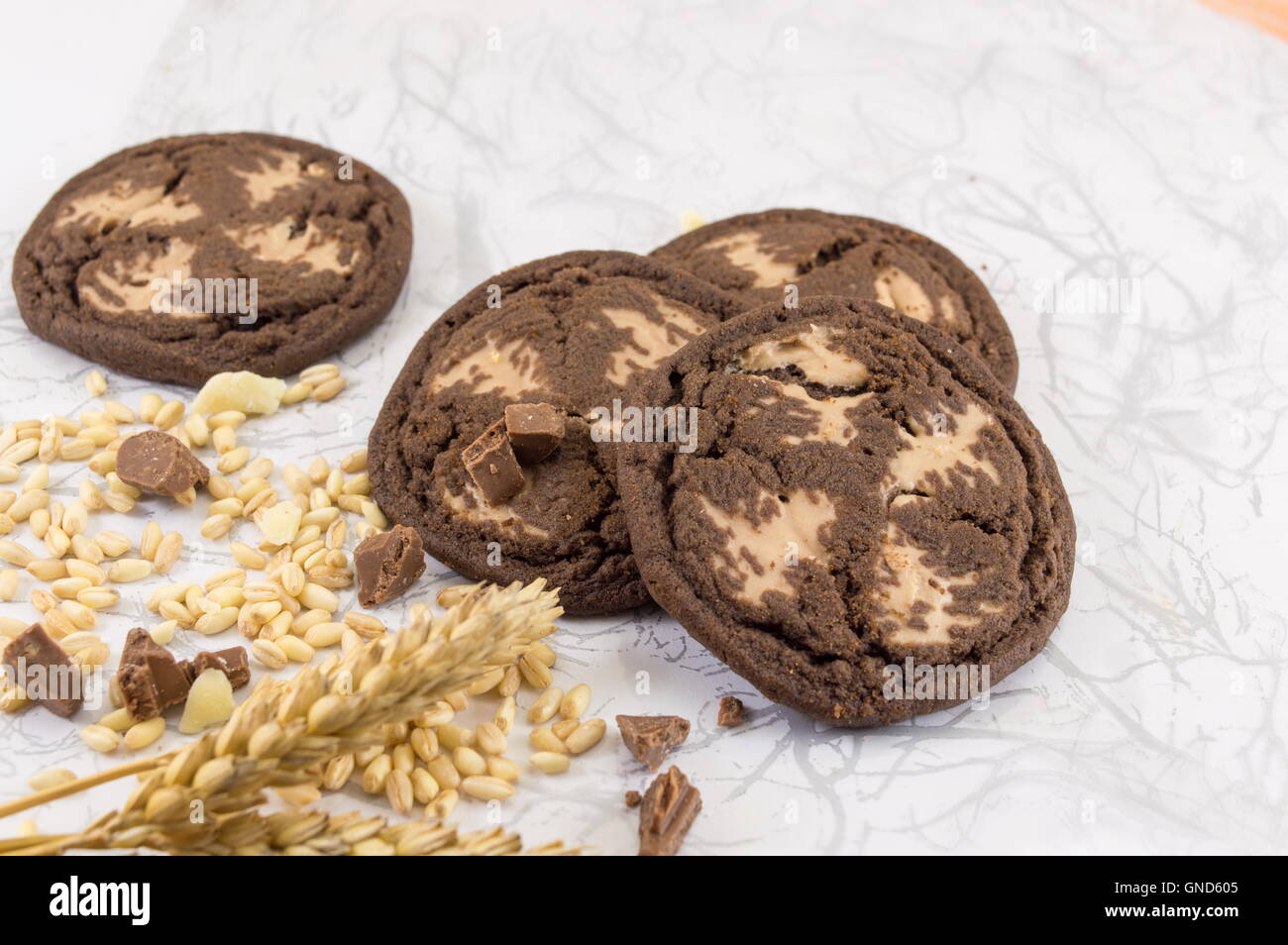 Braun chocolate Chip Cookies und Weizen Stockfoto