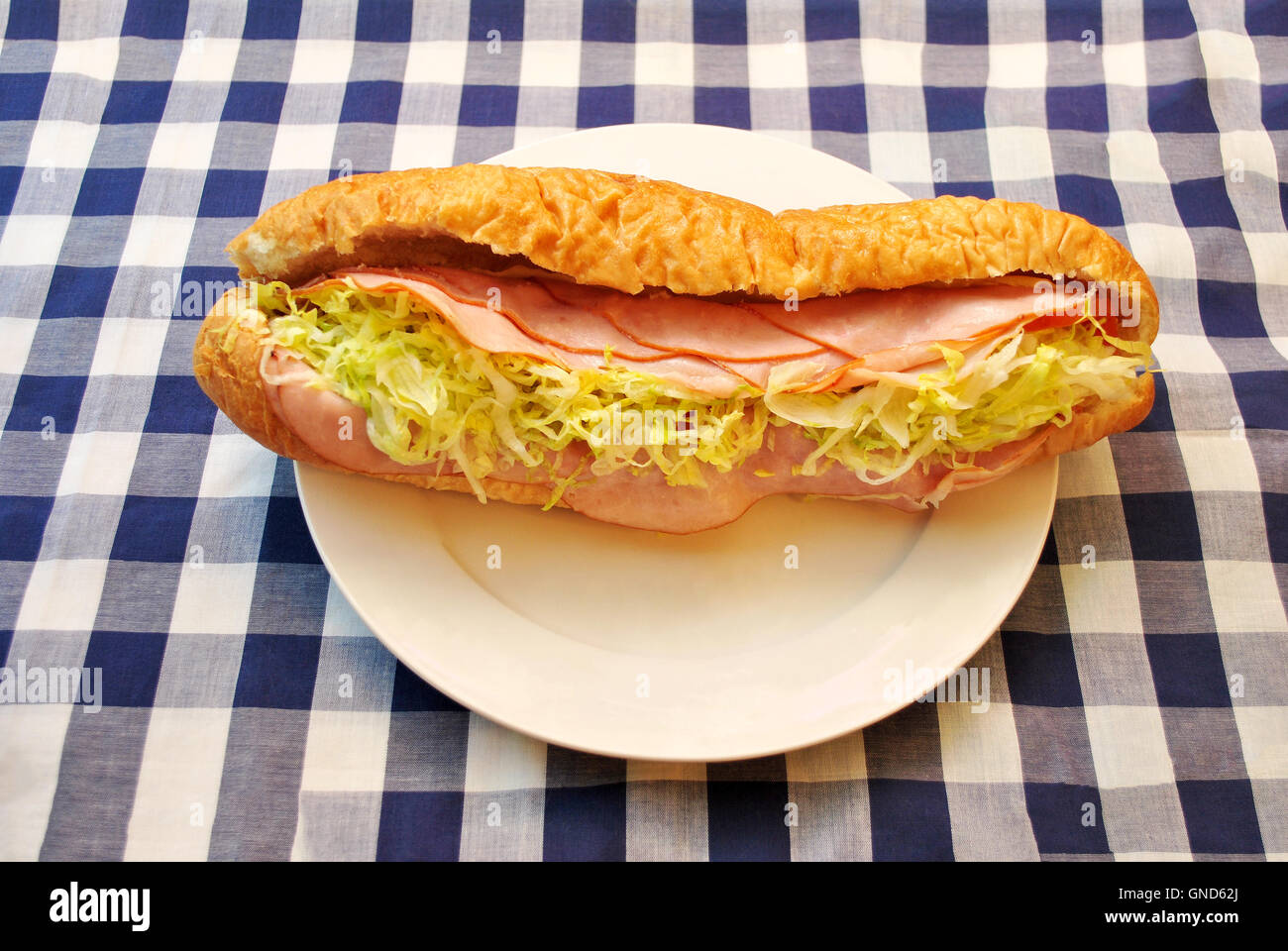 Schinken und Chicken Deli Sandwich serviert auf einer Picknick-Tischdecke Stockfoto