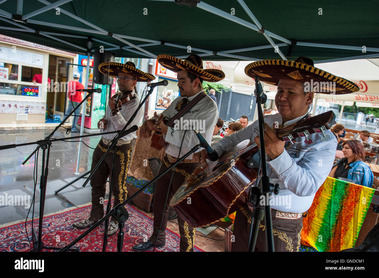Eine kostenlose Open-Air-musikalische Performance vor der senegalesischen lokal Cafe Baobab in Saska Kepa Bezirk von Warschau, Polen. Stockfoto