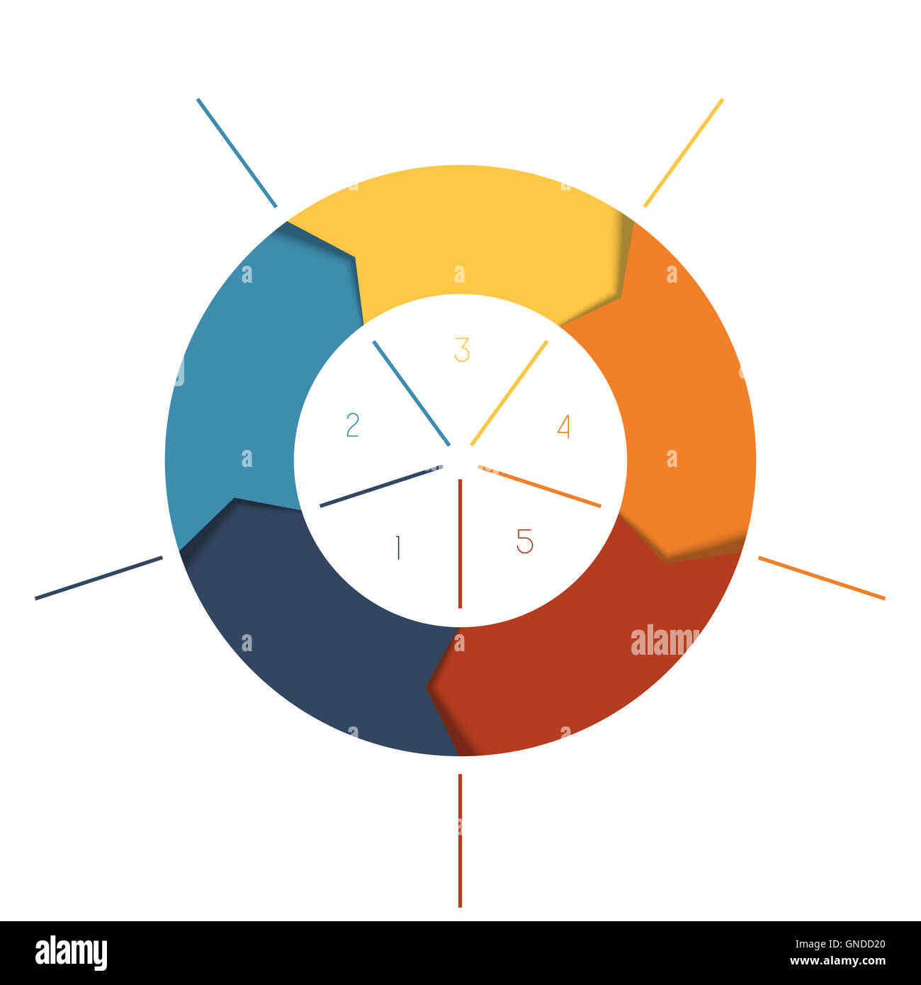 Vorlage Infografiken zyklischen Prozesse, Positionen Farbring von Pfeilen 5 für Textbereich Stockfoto