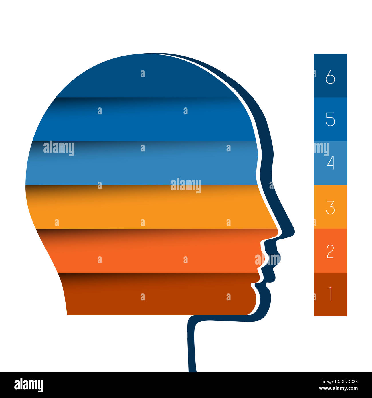 Schritte der Vorlage Infografik, Kopf der Person von Farbstreifen, Start-Business-Konzept, Vorlage für sechs Positionen Stockfoto