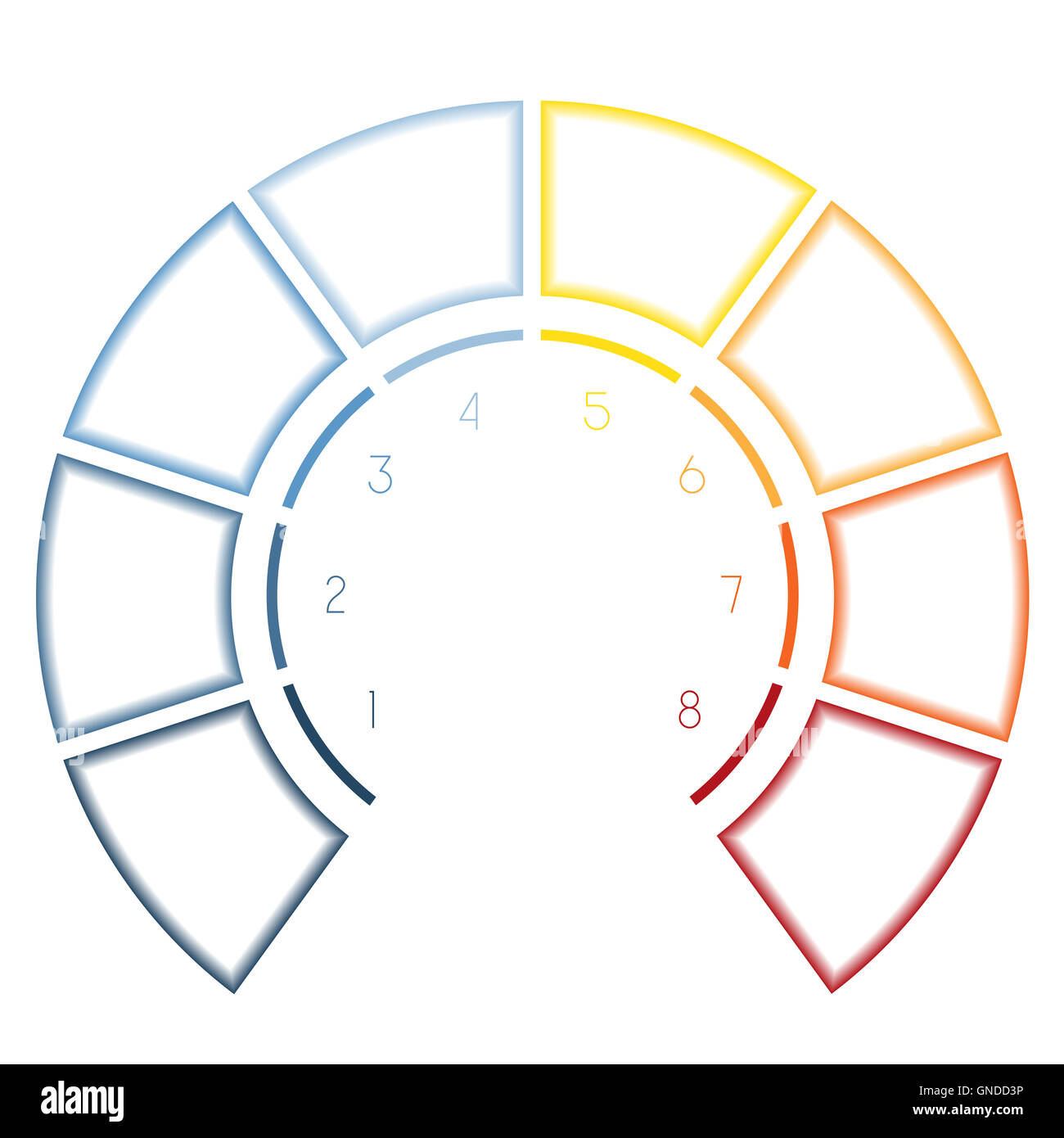 Nummerierte Vorlage Infografiken bunten Halbkreis für acht Optionen, Schritte, Textbereiche Stockfoto