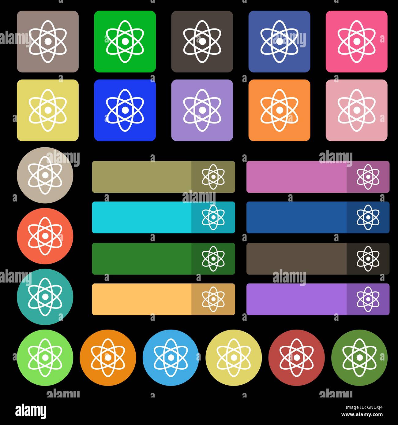 Atom, Physik Symbol Zeichen. Eingestellt von siebenundzwanzig mehrfarbige flache Schaltflächen. Vektor Stock Vektor