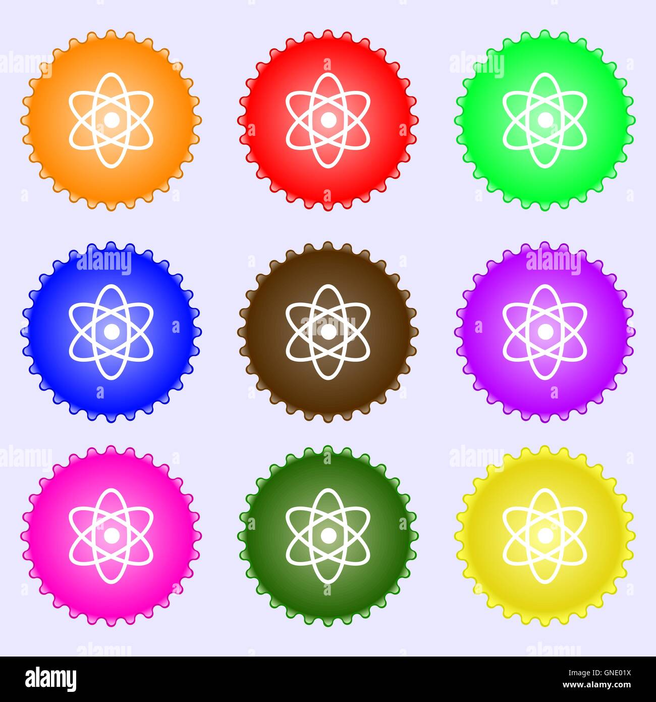 Atom, Physik Symbol Zeichen. Große Reihe von bunten, vielfältigen und qualitativ hochwertigen Tasten. Vektor Stock Vektor