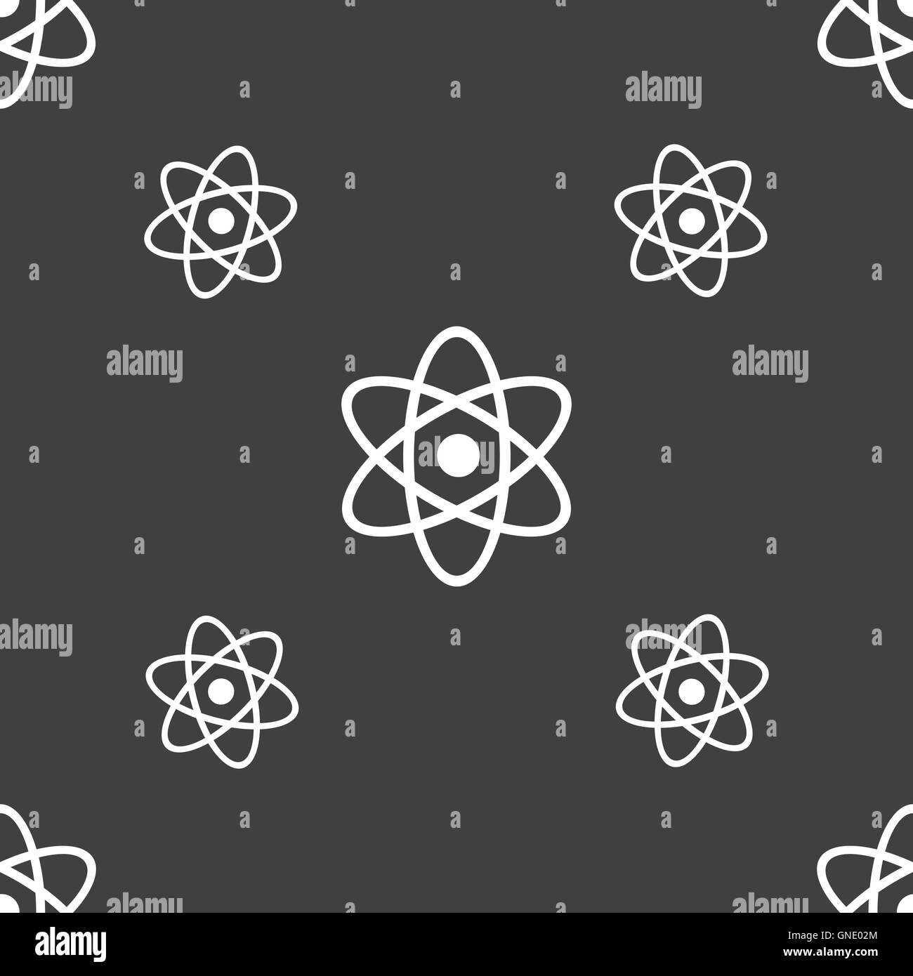 Atom, Physik Symbol Zeichen. Nahtlose Muster auf einem grauen Hintergrund. Vektor Stock Vektor