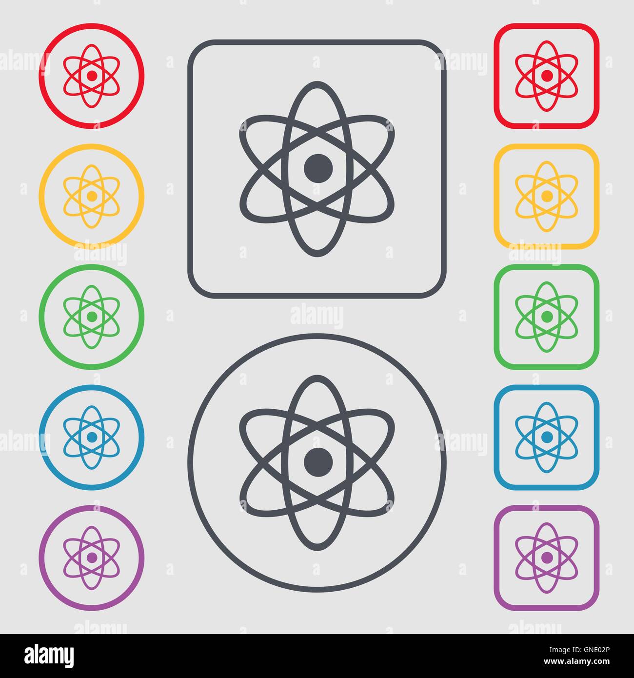 Atom, Physik Symbol Zeichen. Symbol auf der Runde und quadratische Tasten mit Rahmen. Vektor Stock Vektor