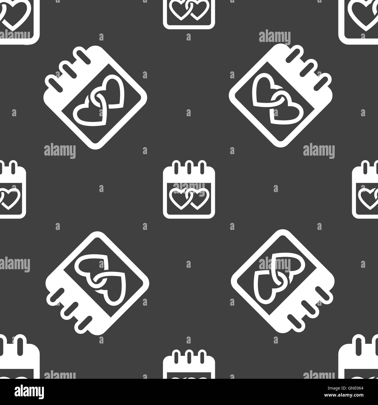 Kalender, Herz, Valentinstag, 14. Februar, Liebe Symbol Zeichen. Nahtlose Muster auf einem grauen Hintergrund. Vektor Stock Vektor