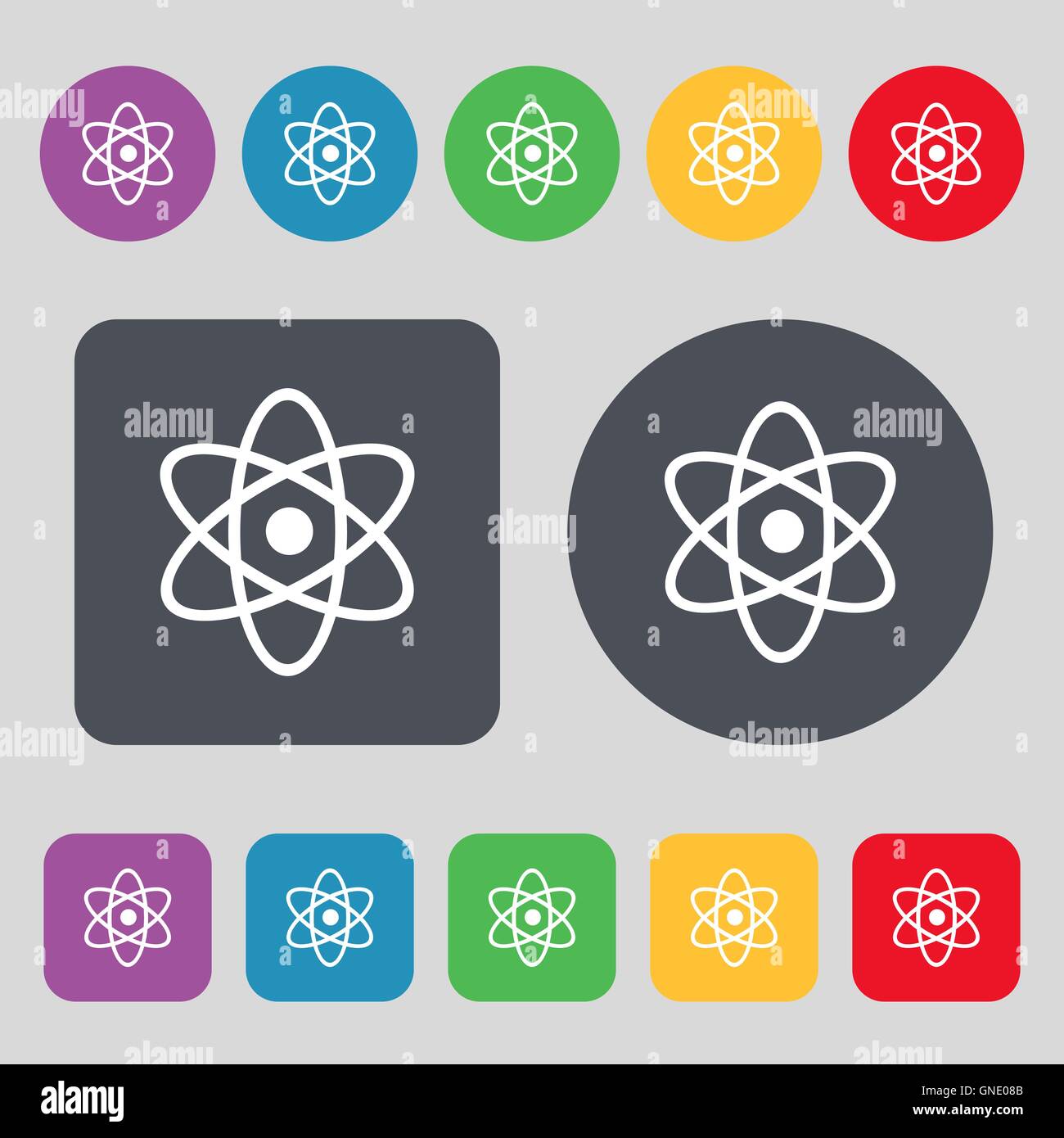 Atom, Physik Symbol Zeichen. Ein Satz von 12 farbige Tasten. Flaches Design. Vektor Stock Vektor