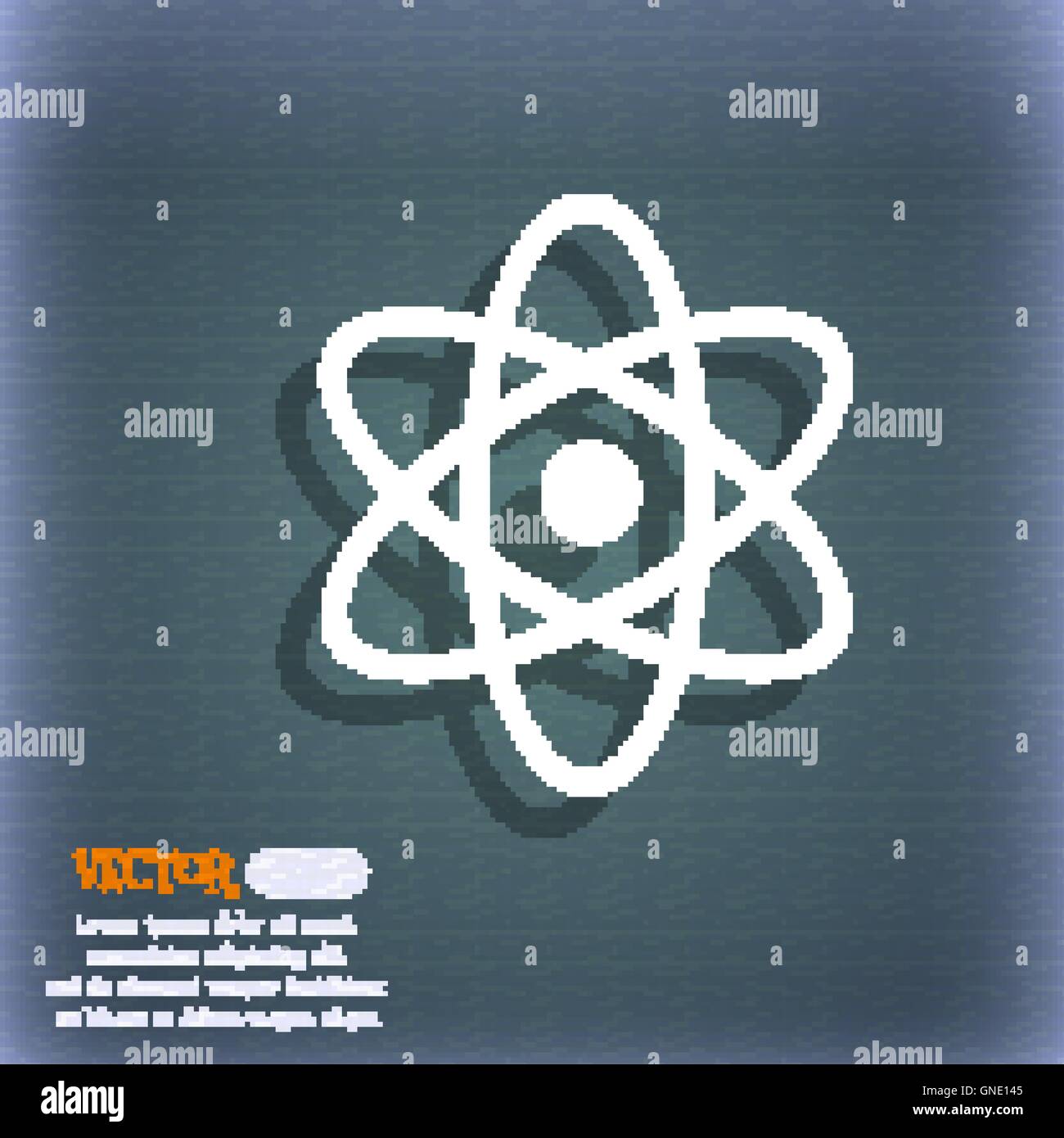 Atom, Physik-Symbol. Auf dem blau-grünen abstrakten Hintergrund mit Schatten und Platz für Ihren Text. Vektor Stock Vektor