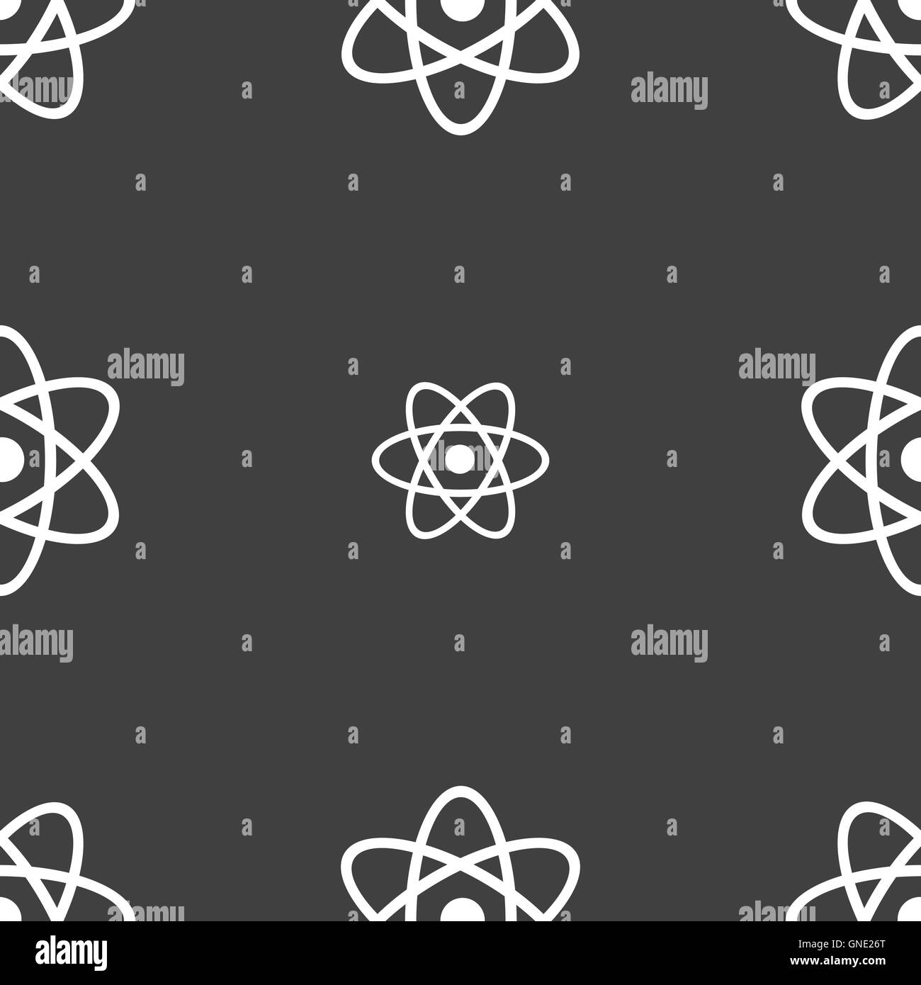Atom, Physik Symbol Zeichen. Nahtlose Muster auf einem grauen Hintergrund. Vektor Stock Vektor
