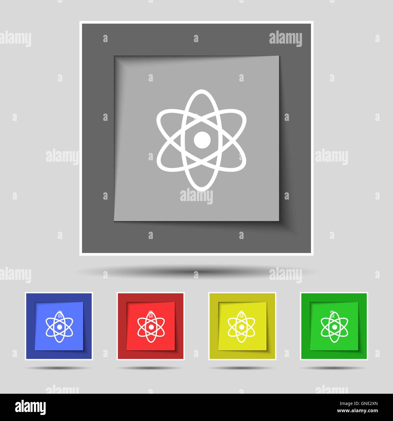 Atom, Physik Symbol Zeichen auf original fünf farbige Tasten. Vektor Stock Vektor