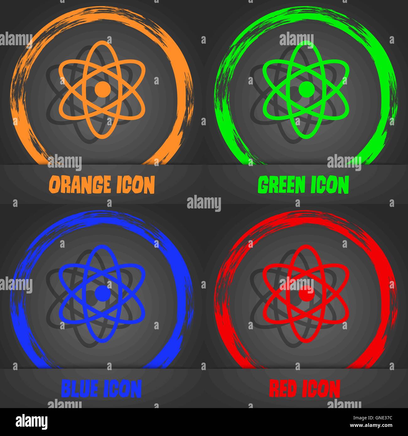 Atom, Physik-Symbol. Moderne stilvolle. In orange, grün, blau, rot-Design. Vektor Stock Vektor