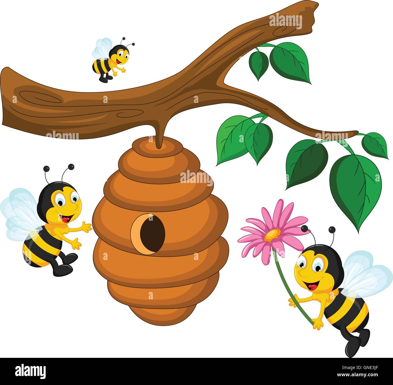 Bienen Cartoon Mit Blume Und Einen Bienenstock Stock Vektorgrafik Alamy