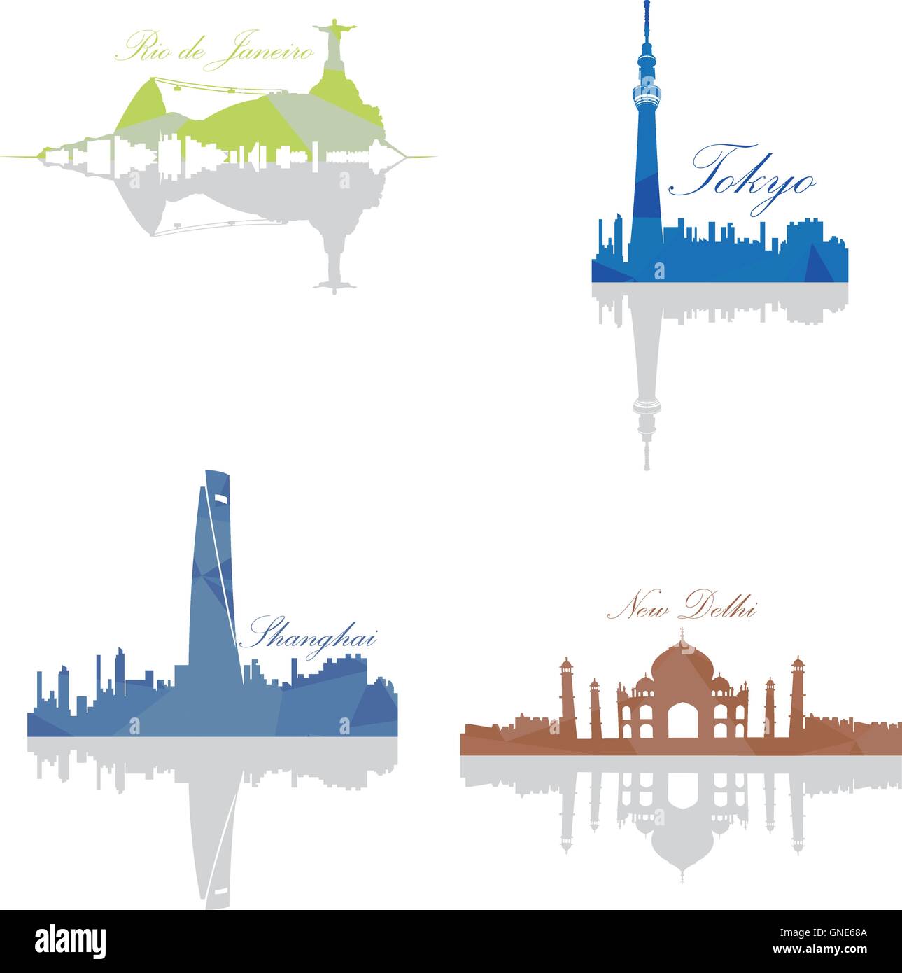 Satz von Skylines, Rio De Janeiro, Tokio, Shanghai, Taj Mahal, Vektor-Illustration Stock Vektor