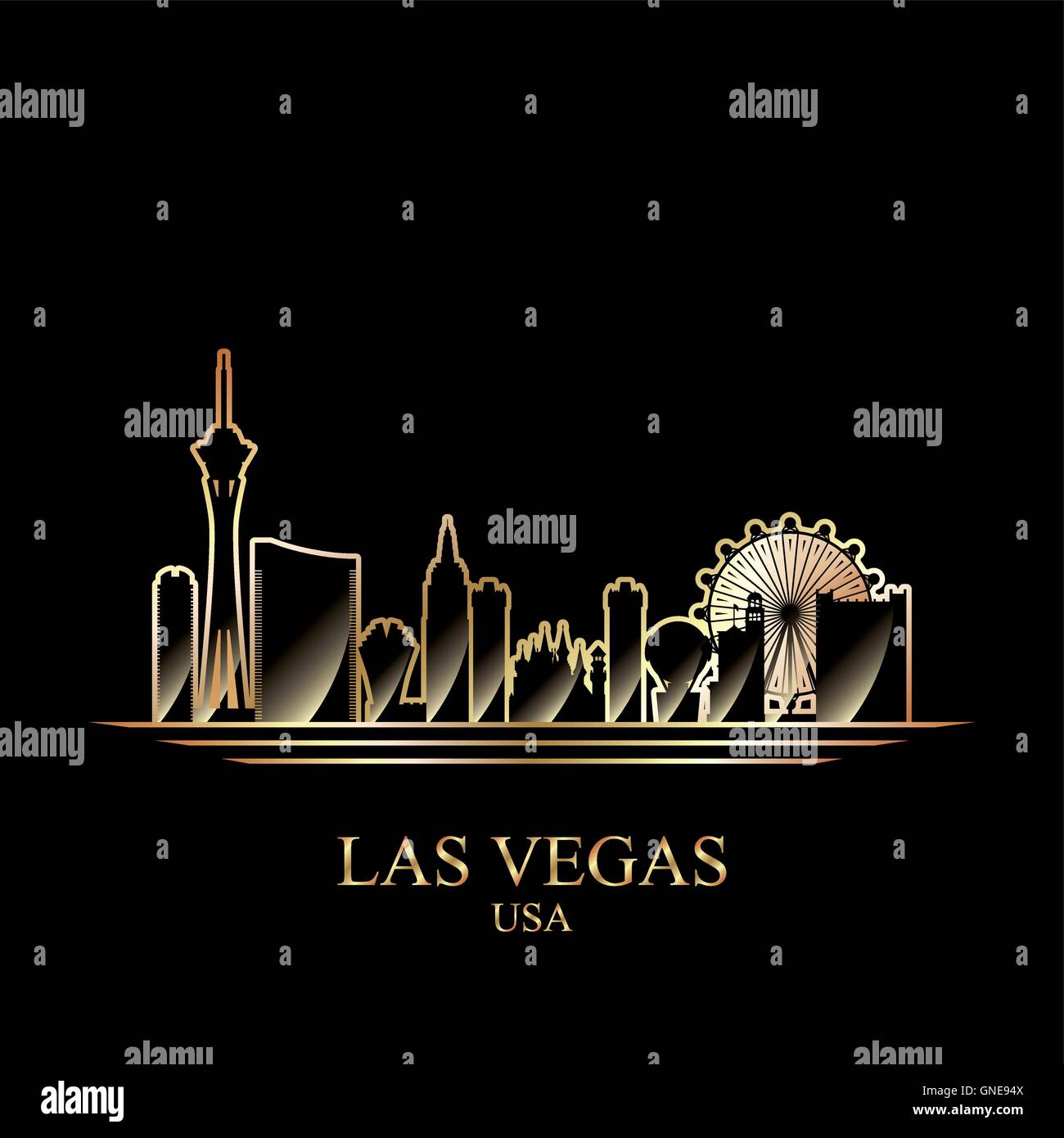 Goldene Silhouette von Las Vegas auf schwarzem Hintergrund Stock Vektor
