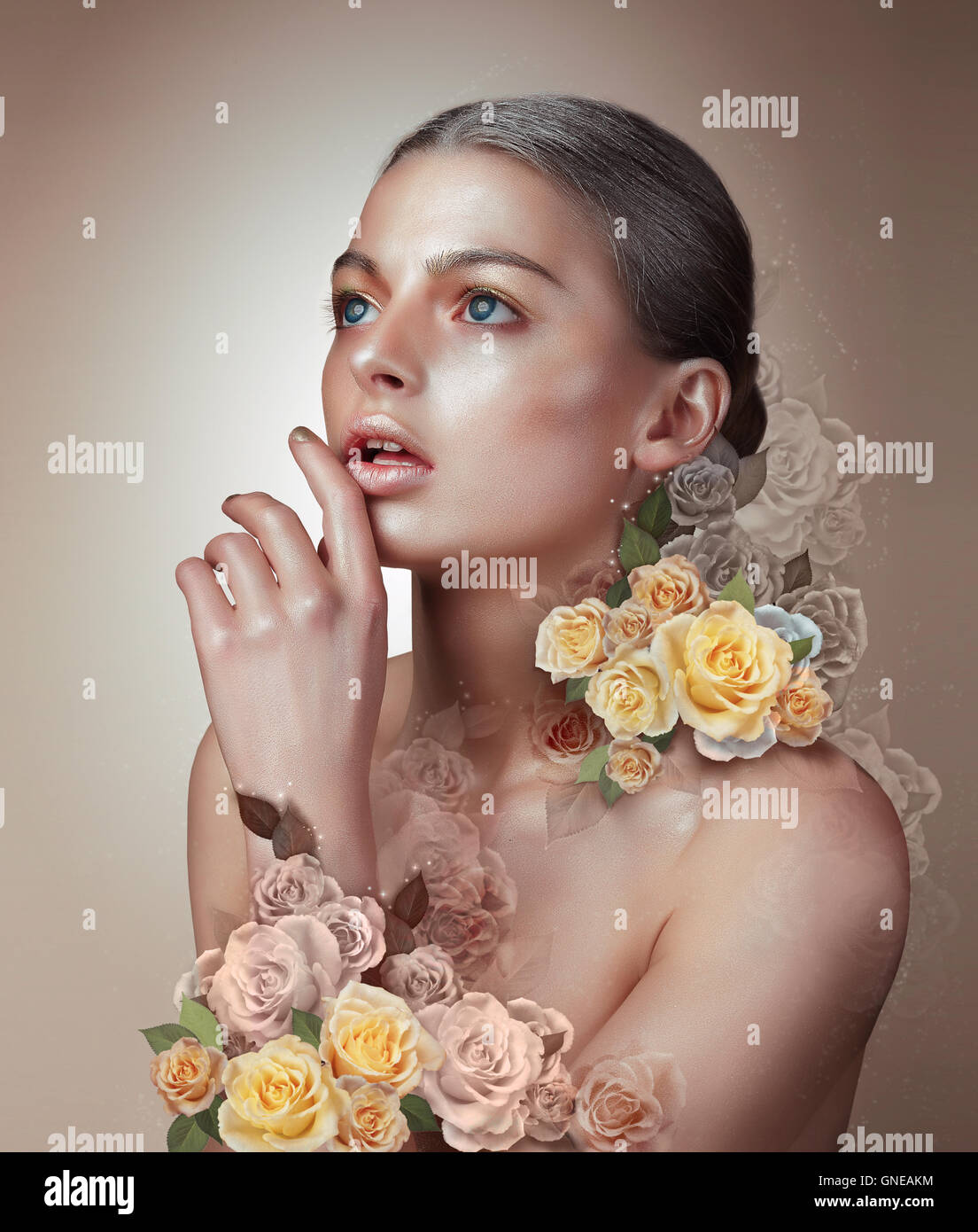 Porträt einer Frau. Blumen. Konzept. Stockfoto