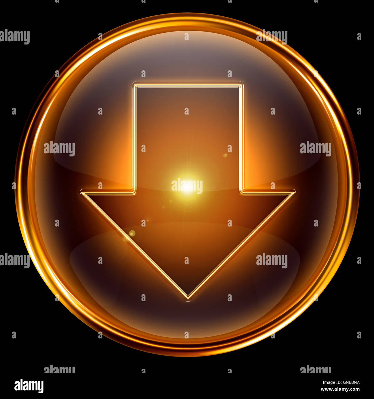 Pfeil nach unten Symbol golden. Stockfoto