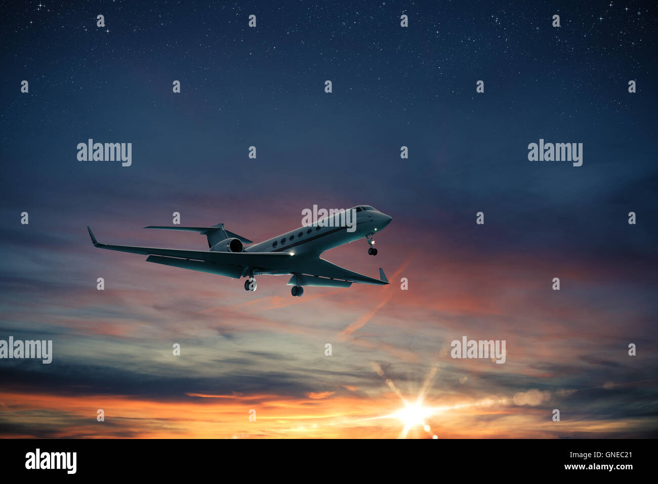 Sonnenuntergang Flugzeug Flug Stockfoto