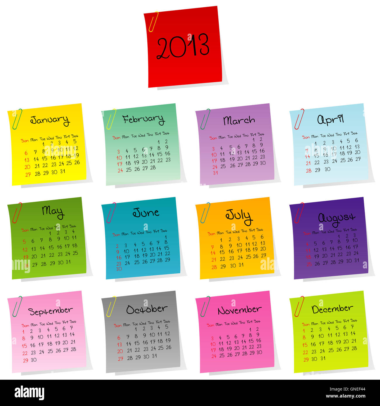 Kalender 2013 gemacht von farbigen Post-It-set Stockfoto