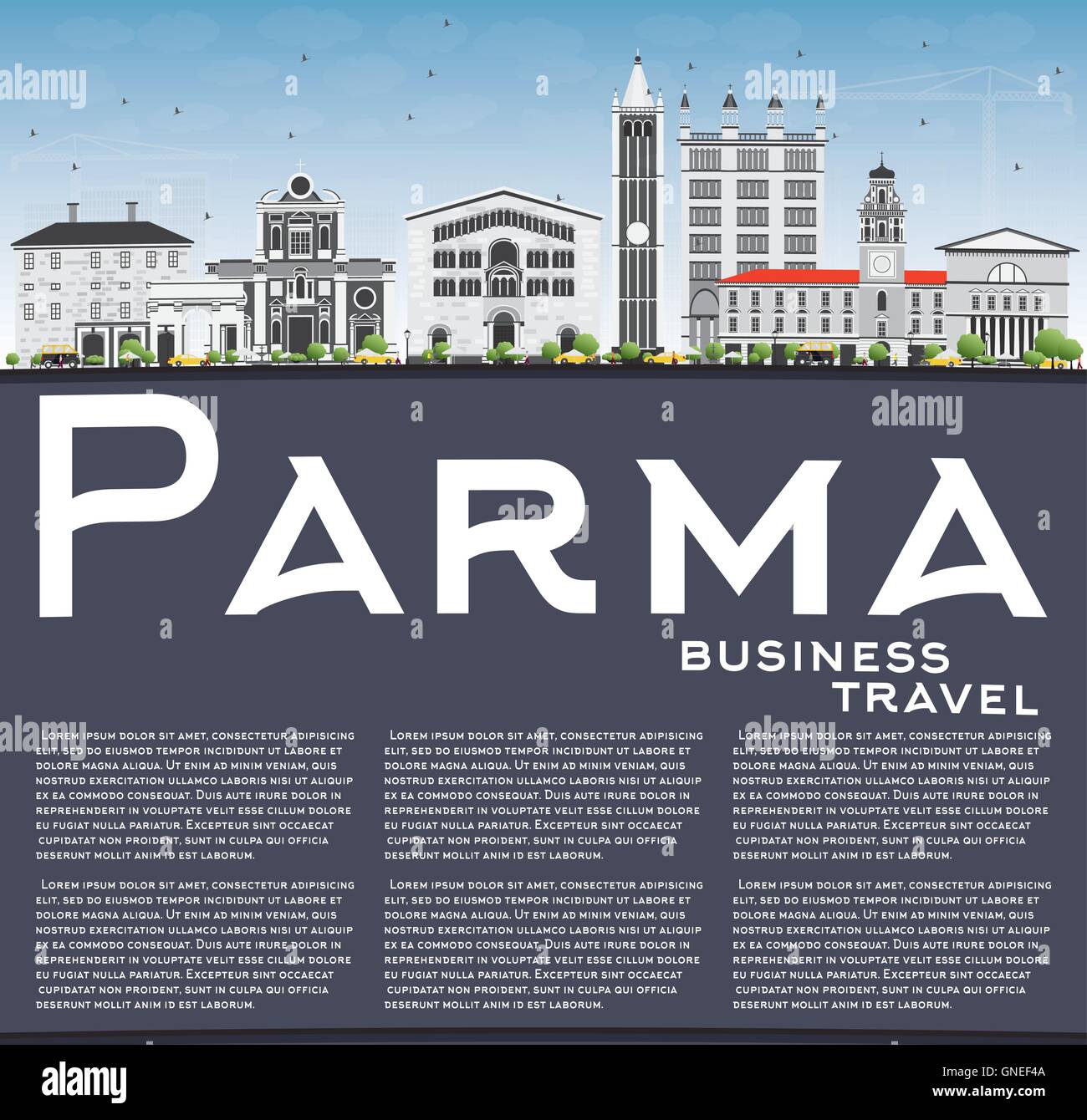Parma-Skyline mit grauen Gebäuden, blauer Himmel und Textfreiraum. Vektor-Illustration. Geschäftsreisen und Tourismus-Konzept Stock Vektor