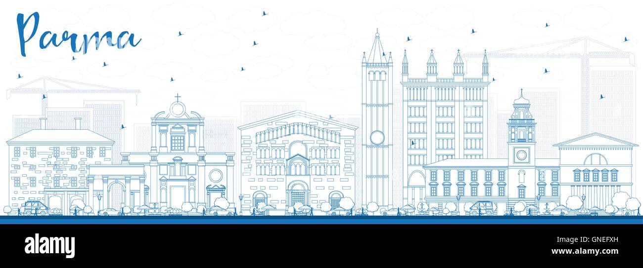 Umriss Parma Skyline mit blauen Gebäude. Vektor-Illustration. Geschäftsreisen und Tourismus-Konzept mit historischen Gebäuden. Stock Vektor