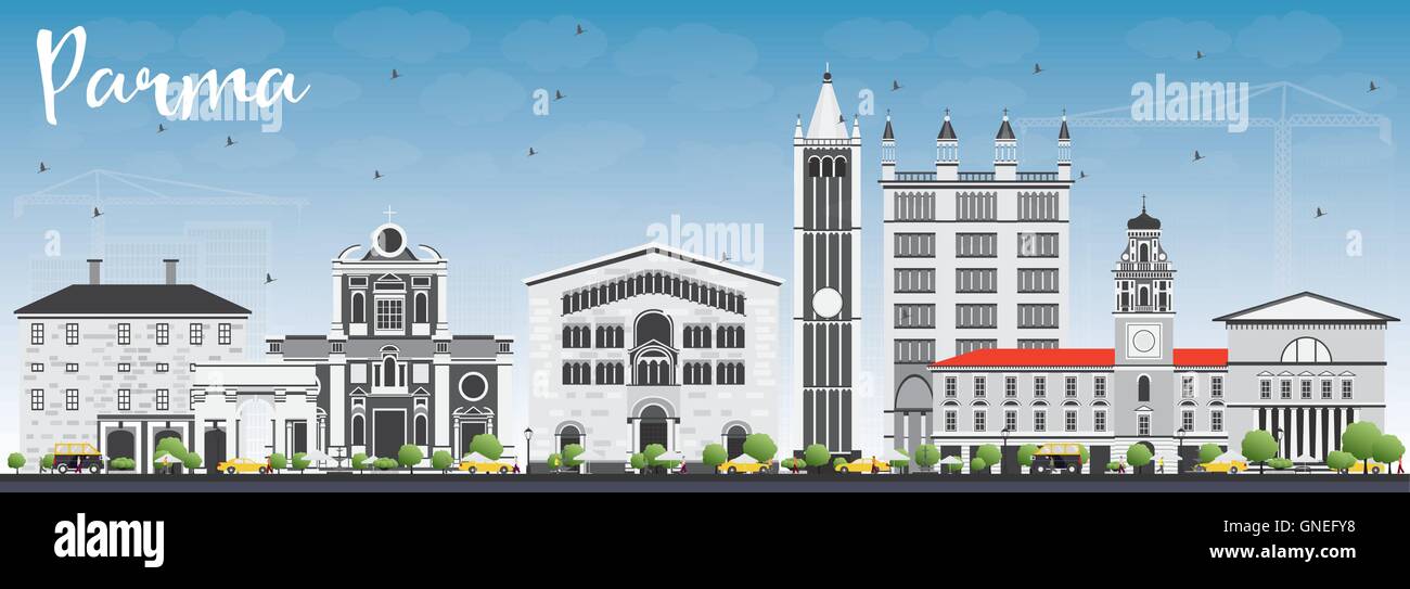 Parma-Skyline mit grauen Gebäuden und blauer Himmel. Vektor-Illustration. Geschäftsreisen und Tourismus-Konzept mit historischen Gebäuden Stock Vektor