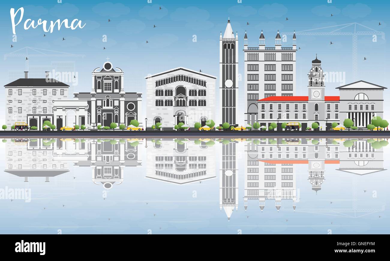 Parma-Skyline mit grauen Gebäuden, blauer Himmel und Reflexionen. Vektor-Illustration. Geschäftsreisen und Tourismus-Konzept Stock Vektor