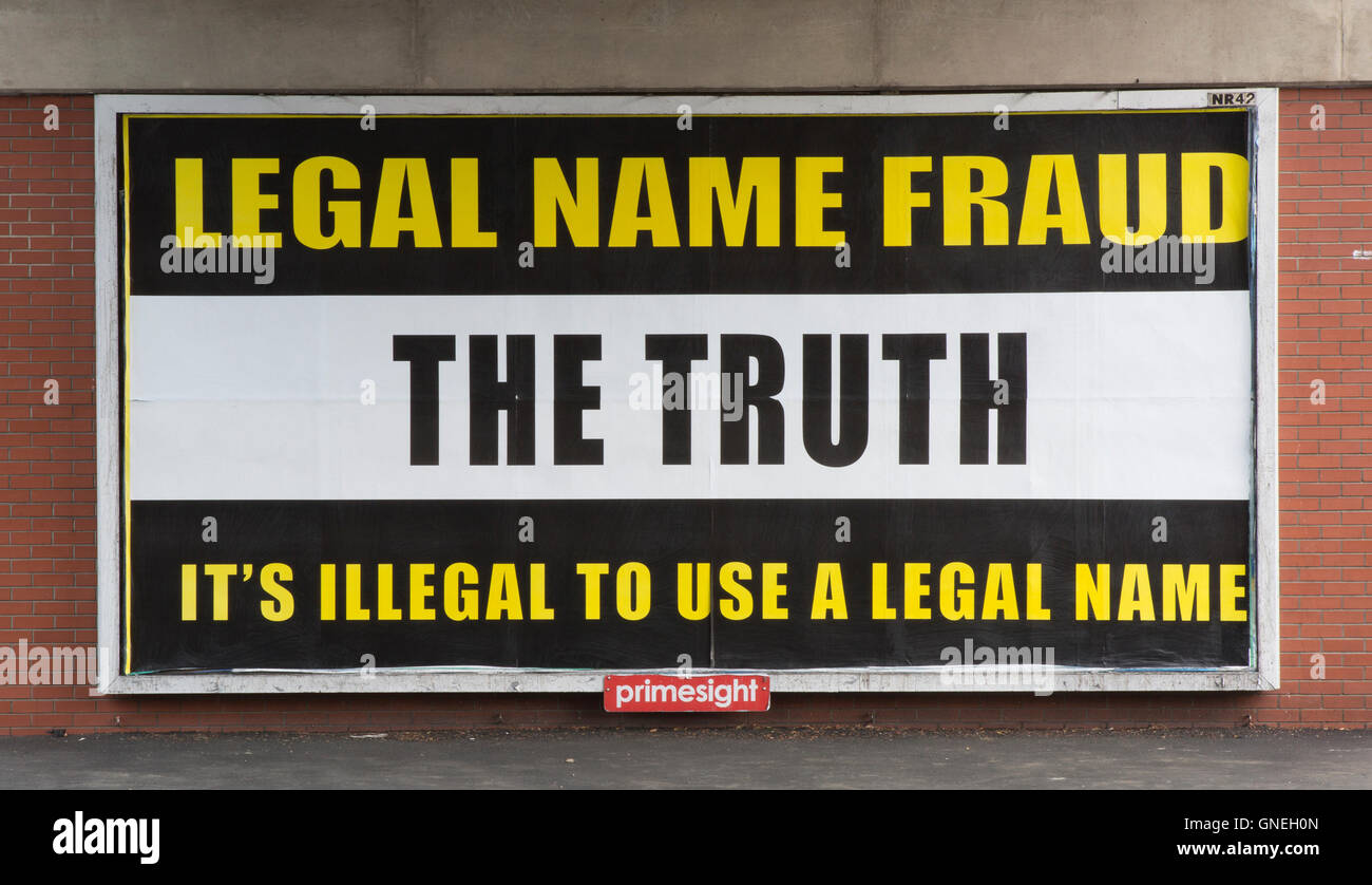 Rechtmäßigen Namen Betrug, die Wahrheit, es ist Illegal, eine rechtliche Name Plakatwand in Swindon zu verwenden Stockfoto