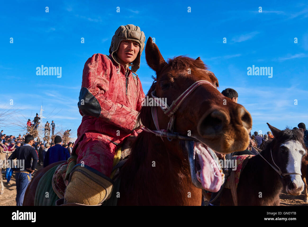 Usbekistan, Kachka Daria Provinz, Buzkashi, Reiter kämpfen für ein Schaf Körper Stockfoto