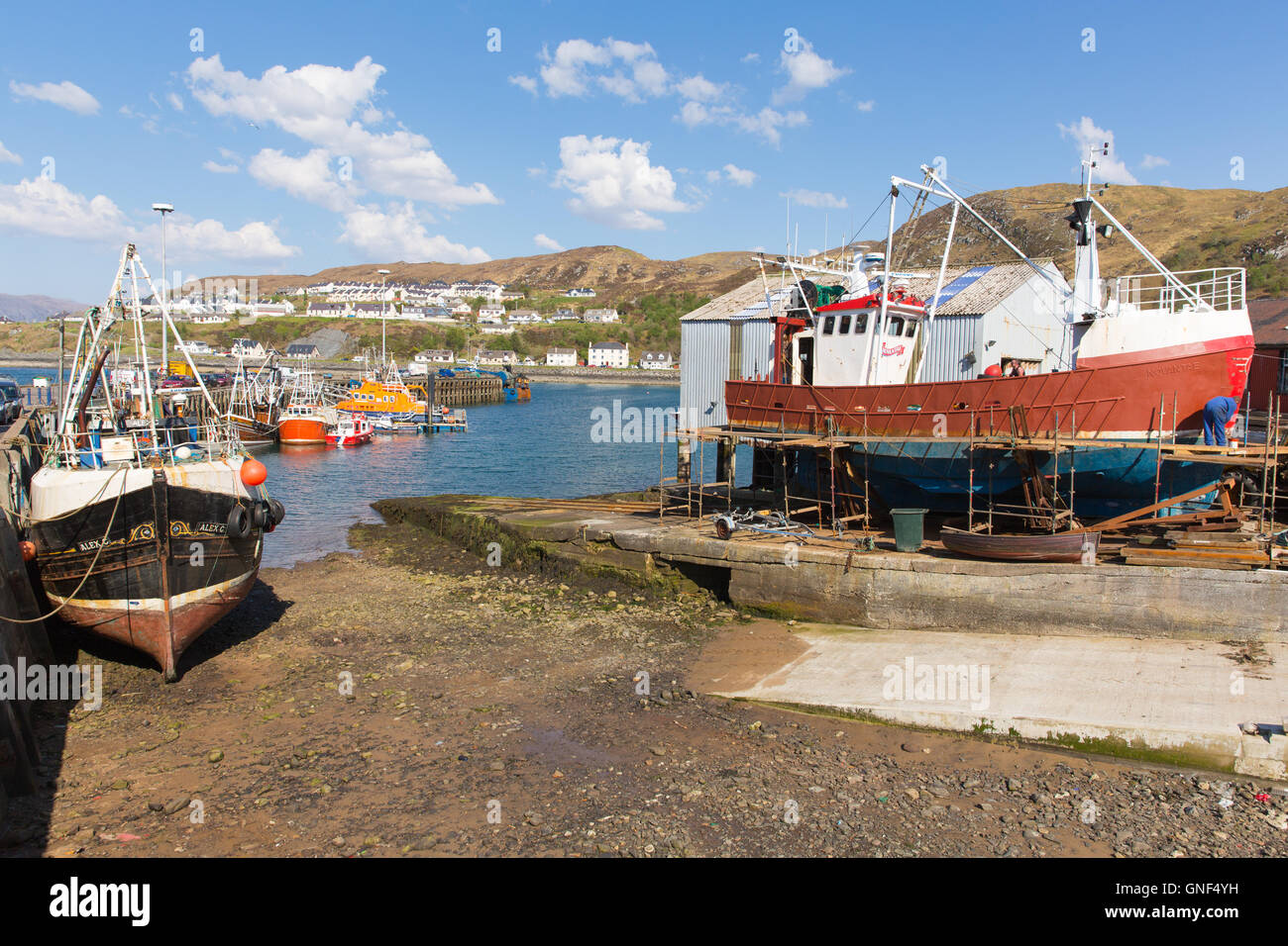 Mallaig Port schottischen Highlands Lochaber Scotland UK an der Westküste in der Nähe von Isle Of Skye im Sommer bei blauem Himmel Stockfoto