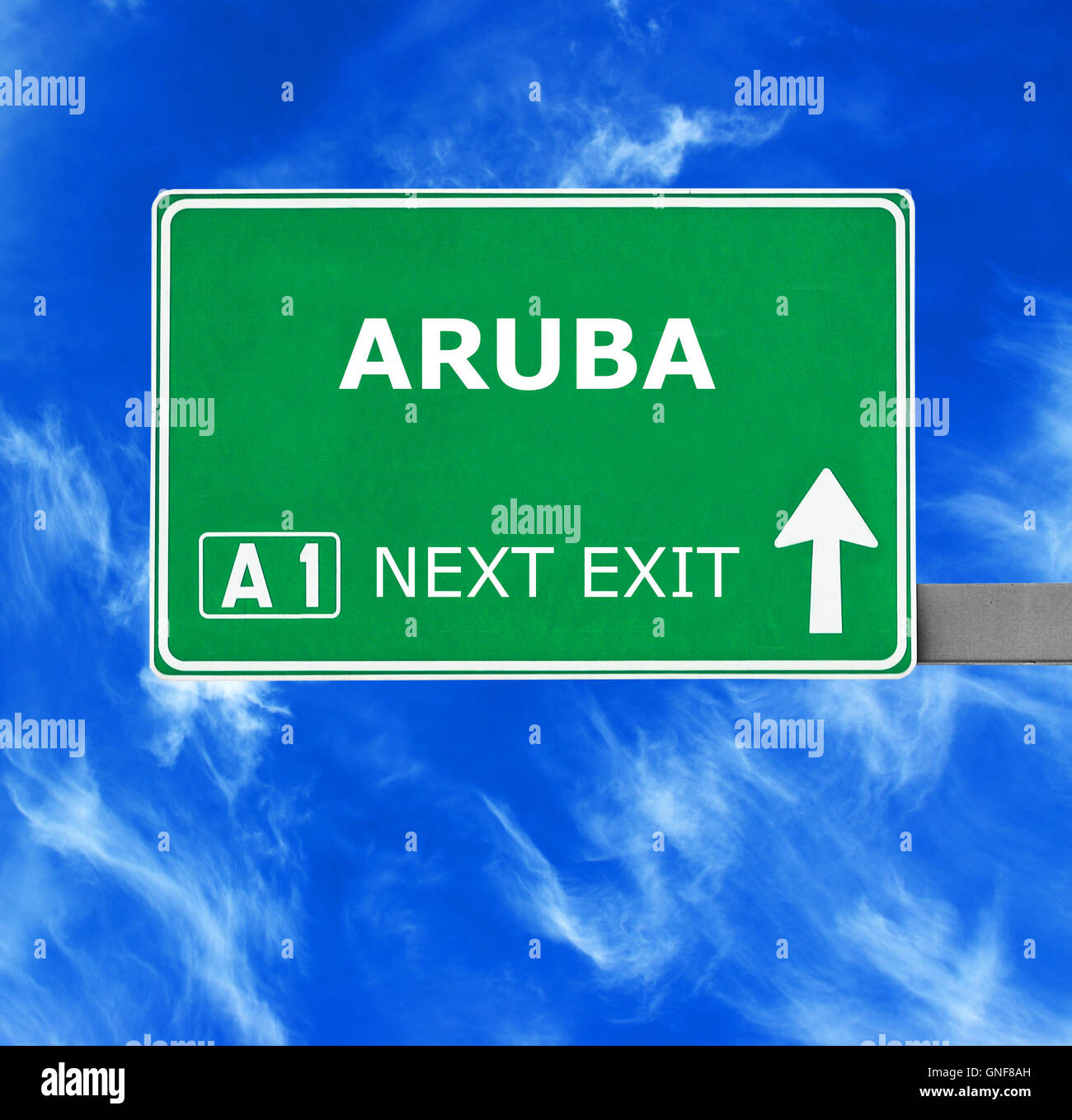 ARUBA-Schild gegen klar blauen Himmel Stockfoto