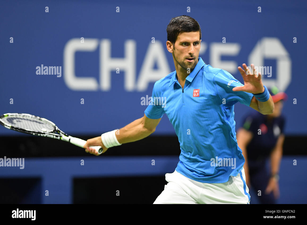 FLUSHING New York-29 AUGUST: Novak Djokovic Vs Jerzy Janowicz auf Arthur Ashe Stadion an der USTA Billie Jean King National Tennis Center am 29. August 2016 in Flushing Queens. Foto von Larry Marano © 2016 Stockfoto