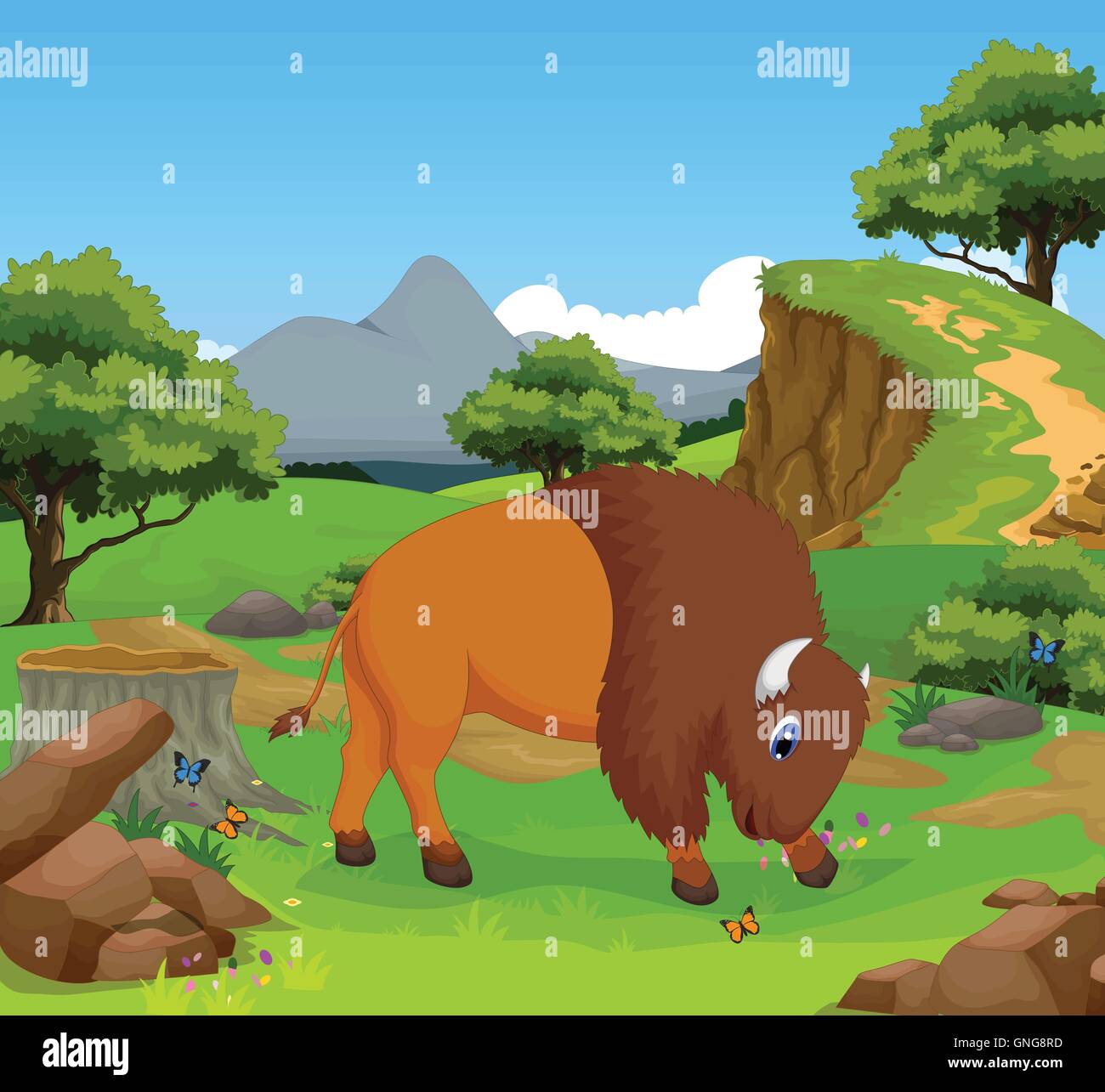 lustige Bison Cartoon im Dschungel mit Landschaft Hintergrund Stock Vektor