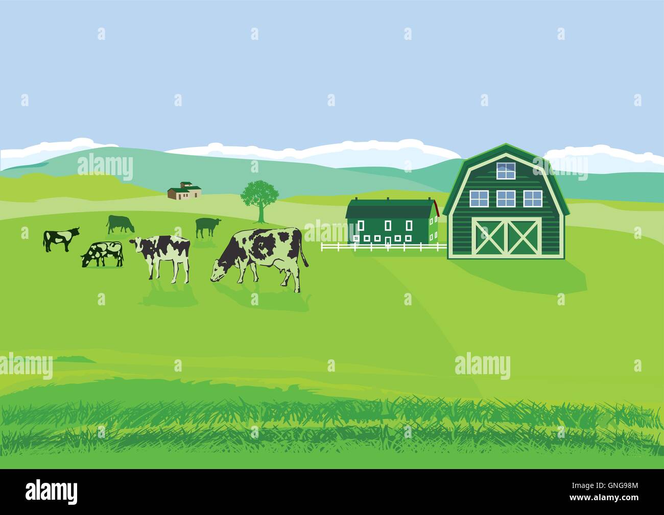 Kühe auf der Weide mit Bauernhof Stock Vektor